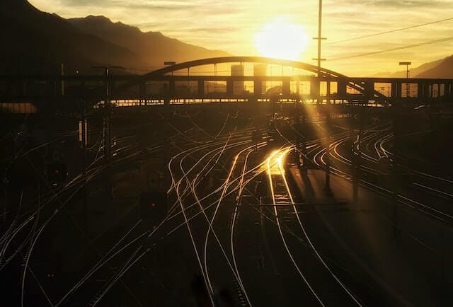 Train tracks in a sunset